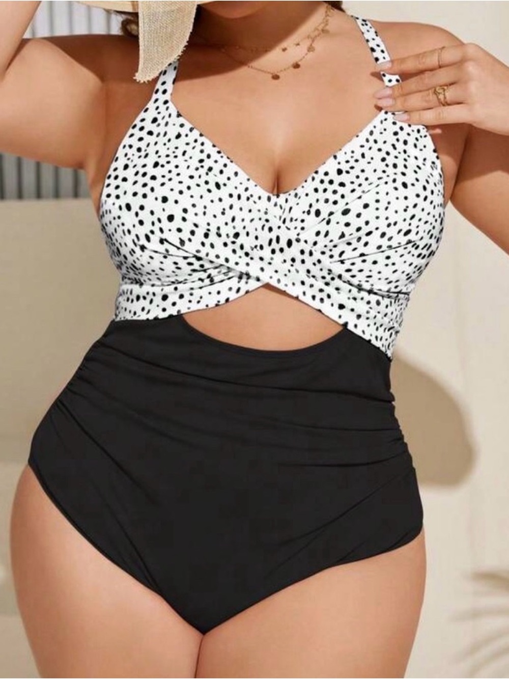 SHEIN Black High-Waist One-Piece Swimsuit with White Dalmatian Spot Top